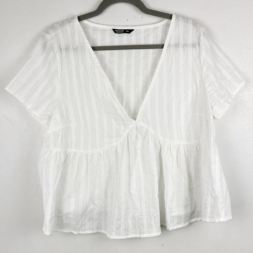 SHEIN Curve Womens Size 0X Top White Short Sleeve Babydoll V-neck Sheer Casual